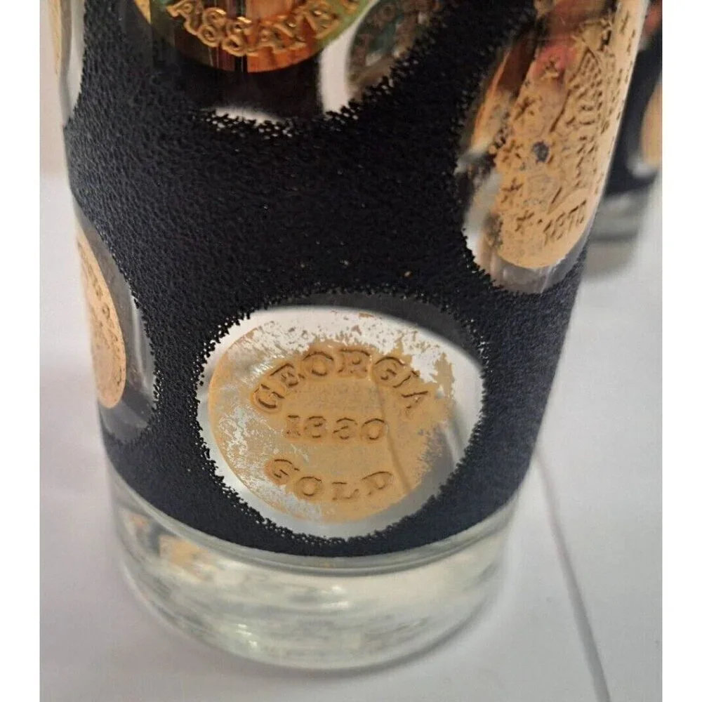Vintage Libbey Gold Coin Black Textured MCM Set Of 2 Highball Glasses FLAW
